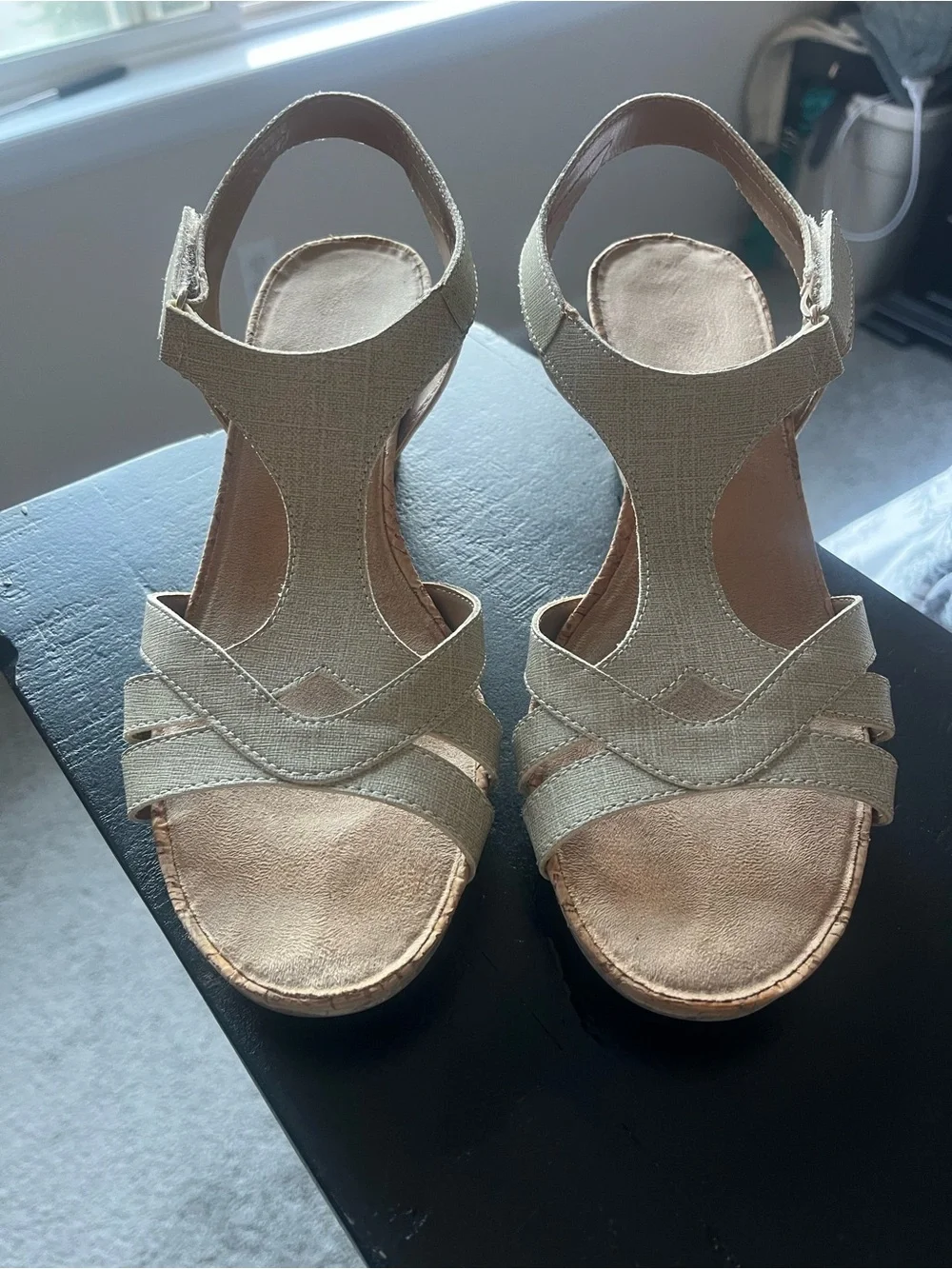 AEROSOLES Beige T-Strap Wedge Sandals